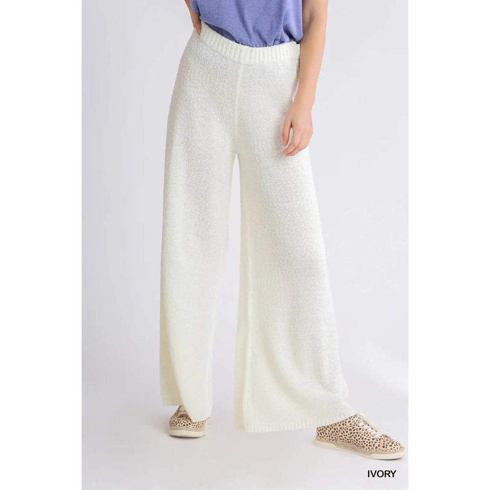 A6716-B Umgee Wide Leg Pants Sweater with Elastic Waistband Ivory Various Sizes